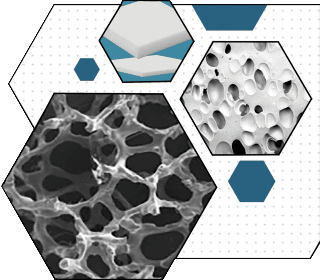 Hexagonal scientific infographic showing porous silicone material structures