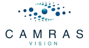 A logo for amra vision, with blue circles in the background.