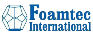 A blue and white logo for foam international.